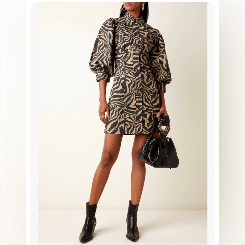 ganni printed cotton poplin mini shirt dress tannin